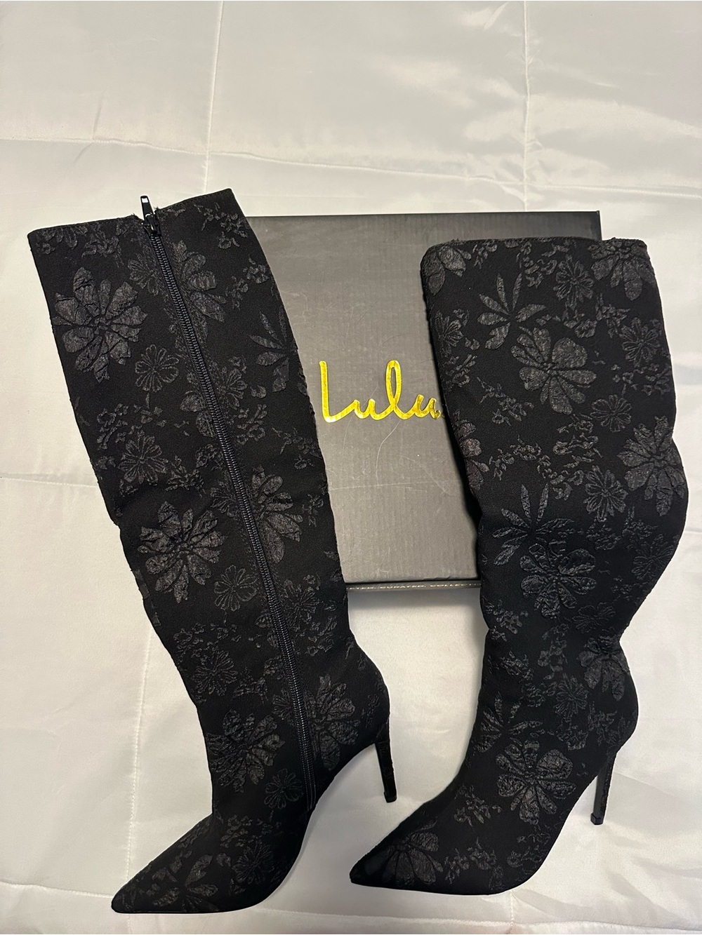 Lulu's Black Floral Jacquard Over-the-Knee Stiletto Boots